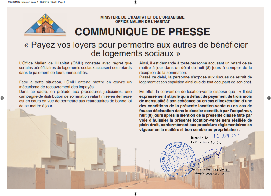 Communiqué de presse de l’Office Malien de l’Habitat (OMH)