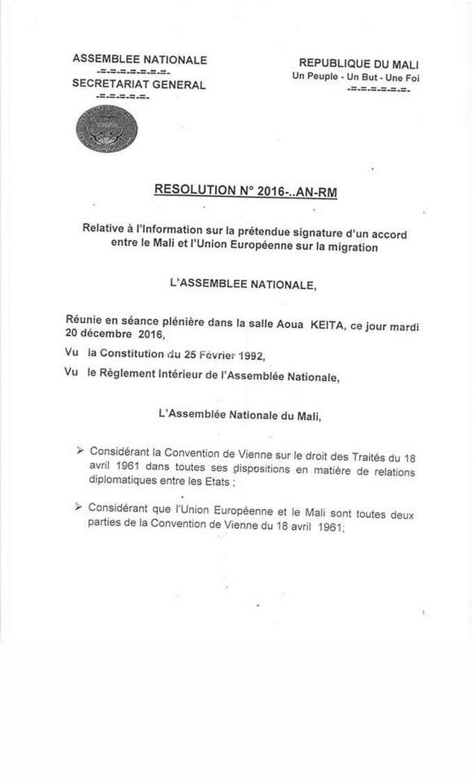 La résolution N°2016-AN-RM de l'Assemblée nationale du Mali relative à l'information sur la prétendue signature d'un accord entre le Mali et l'Union européenne sur la migration.