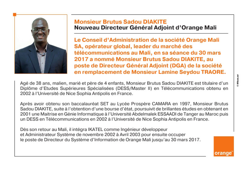 Orange-Mali:  Avis de nomination du nouveau DGA