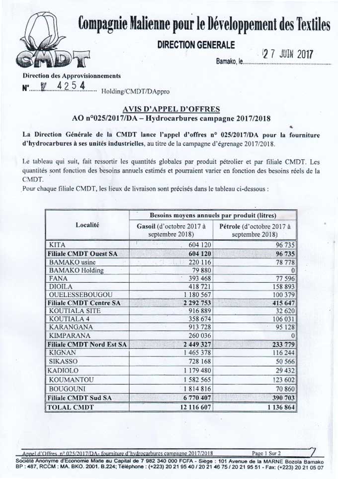 La Direction Générale de la CMDT lance l'appel pour la fourniture d'hydrocarbures à ses unité industrielles, au titre de la campagne d'grenage 2017/2018