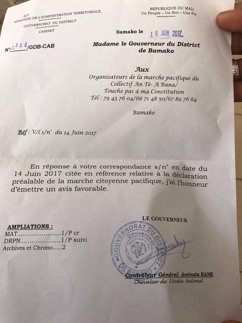 Le gouverneur du district de Bamako a autorisé la marche contre la Révision constitutionnelle