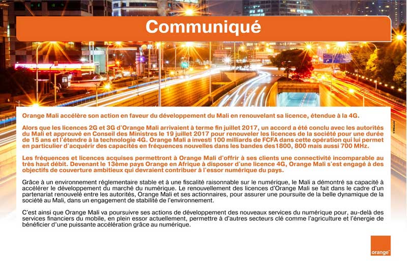 Orange Mali accélère son action en faveur du développement du Mali en renouvelant sa licence, étendue à la 4G