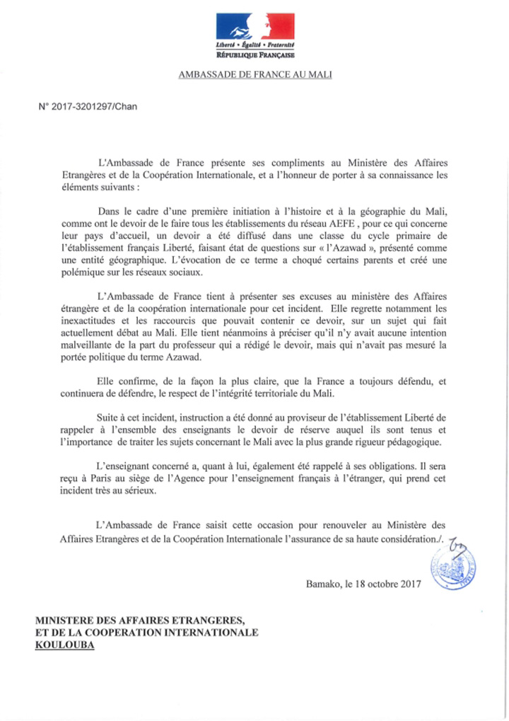 L'école "Liberté A" et "Devoir à domicile pour les classes de CM2" : les excuses de l'Ambassade de France au Mali