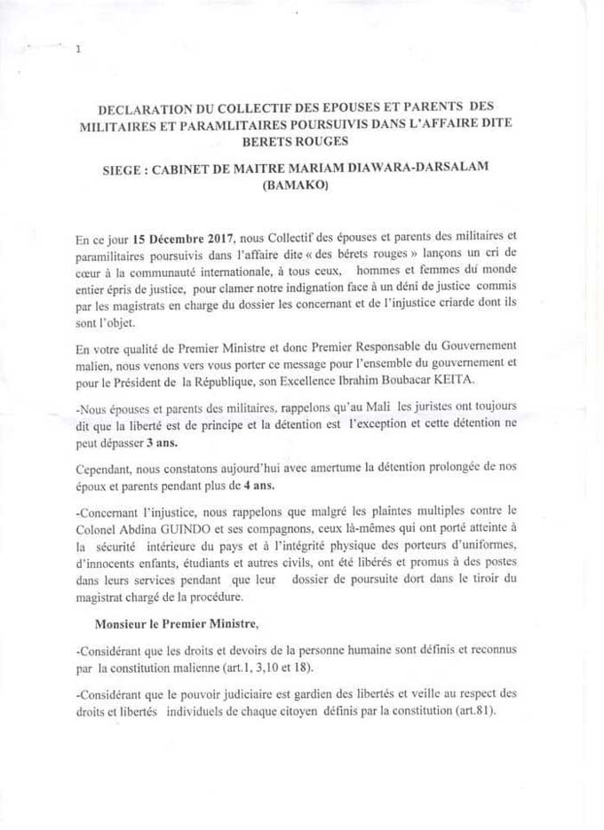 Affaire Sanogo : La déclaration du Collectif des épouses et parents des militaires et paramilitaires