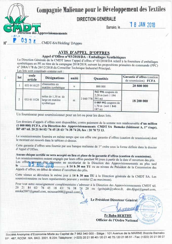 CMDT: Avis d'appel d'offres (emballages synthétiques)