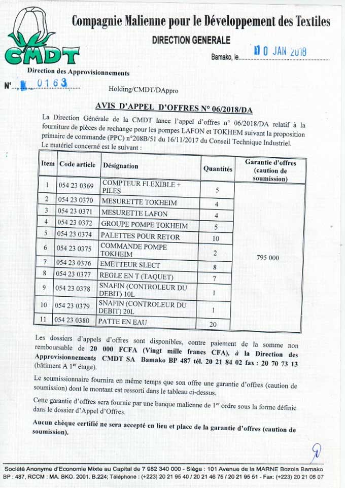 CMDT: Avis d'appel d'offres