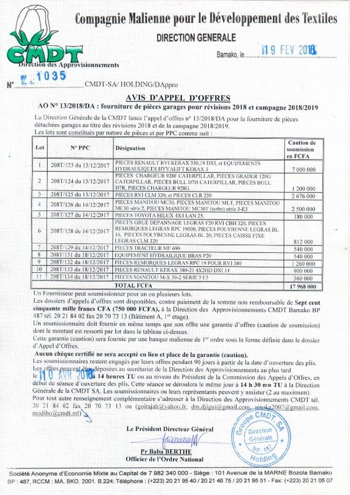 Avis d'appel d'offres: fournitures de pièces de garages pour révision 2018 et campagne 2018/2019