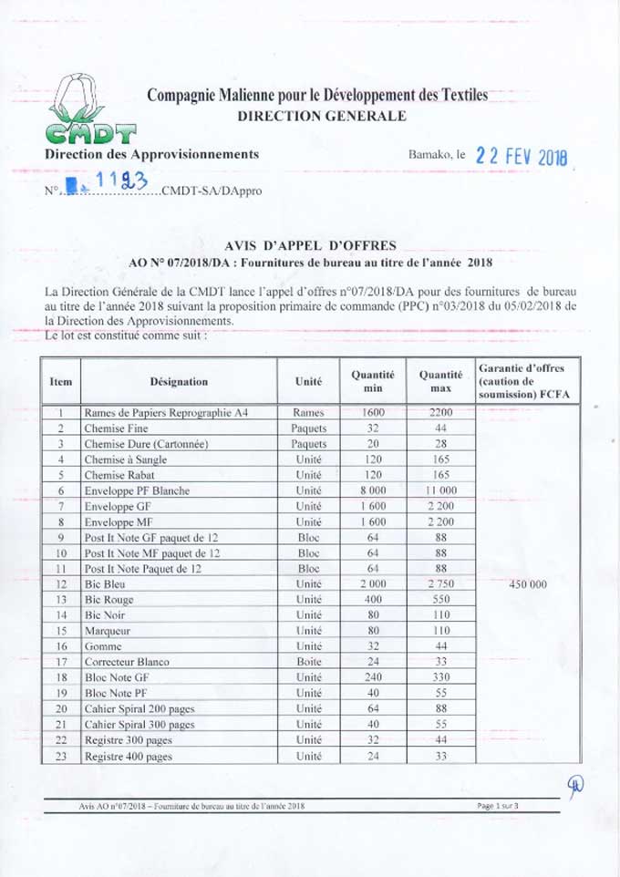 CMDT - Avis d'appel d'offres: Fournitures de bureau au titre de l'année 2018