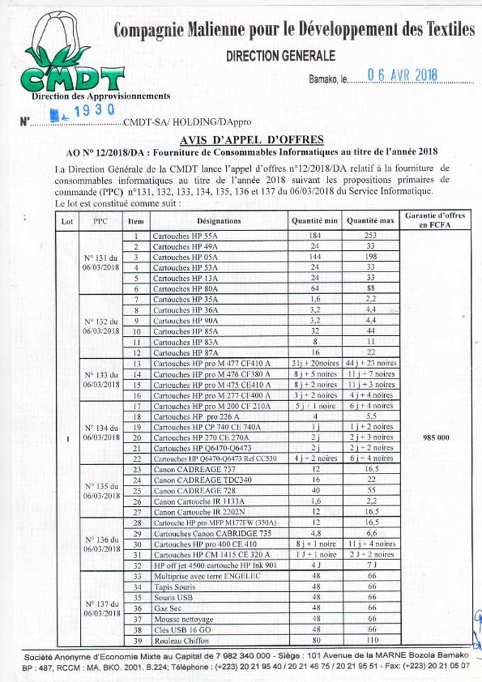 CMDT: Avis d'appel d'offres N° 1930