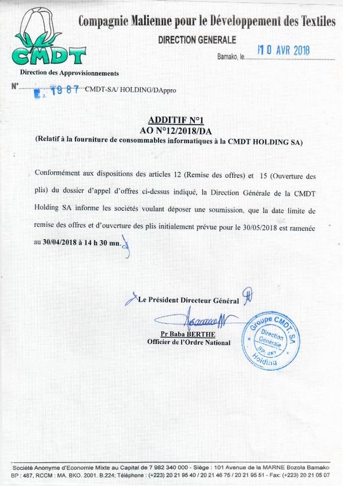 CMDT: Avis d'appel d'offres N° 187