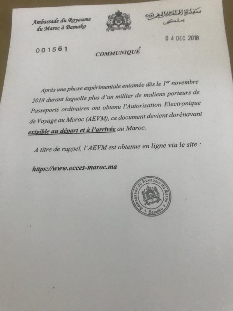 Communiqué Ambassade du Maroc au Mali : Autorisation électronique de voyage au Maroc