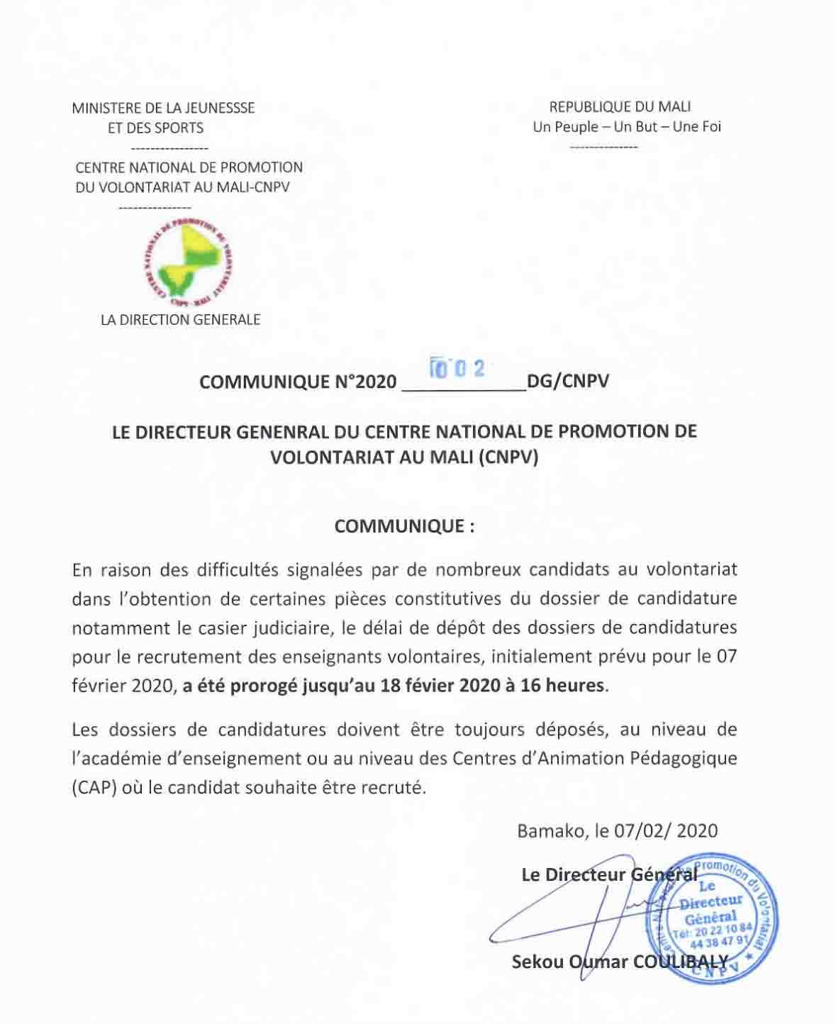 Communiqué du directeur général du centre national de promotion de volontariat du Mali