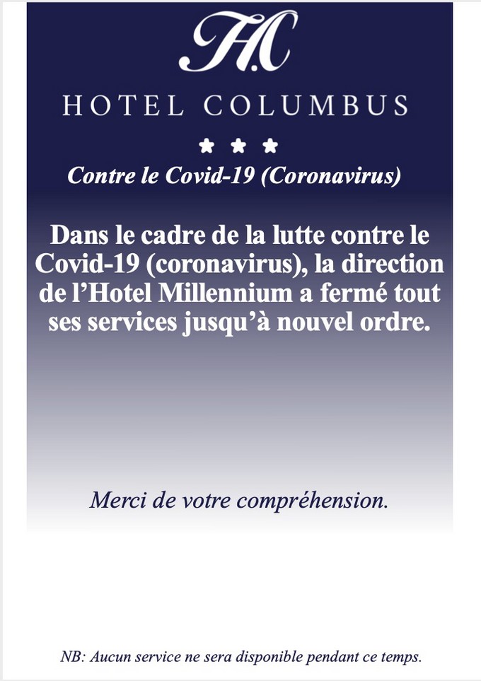 Avis : Les hôtels Columbus et Millennium fermés à cause du Covid -19