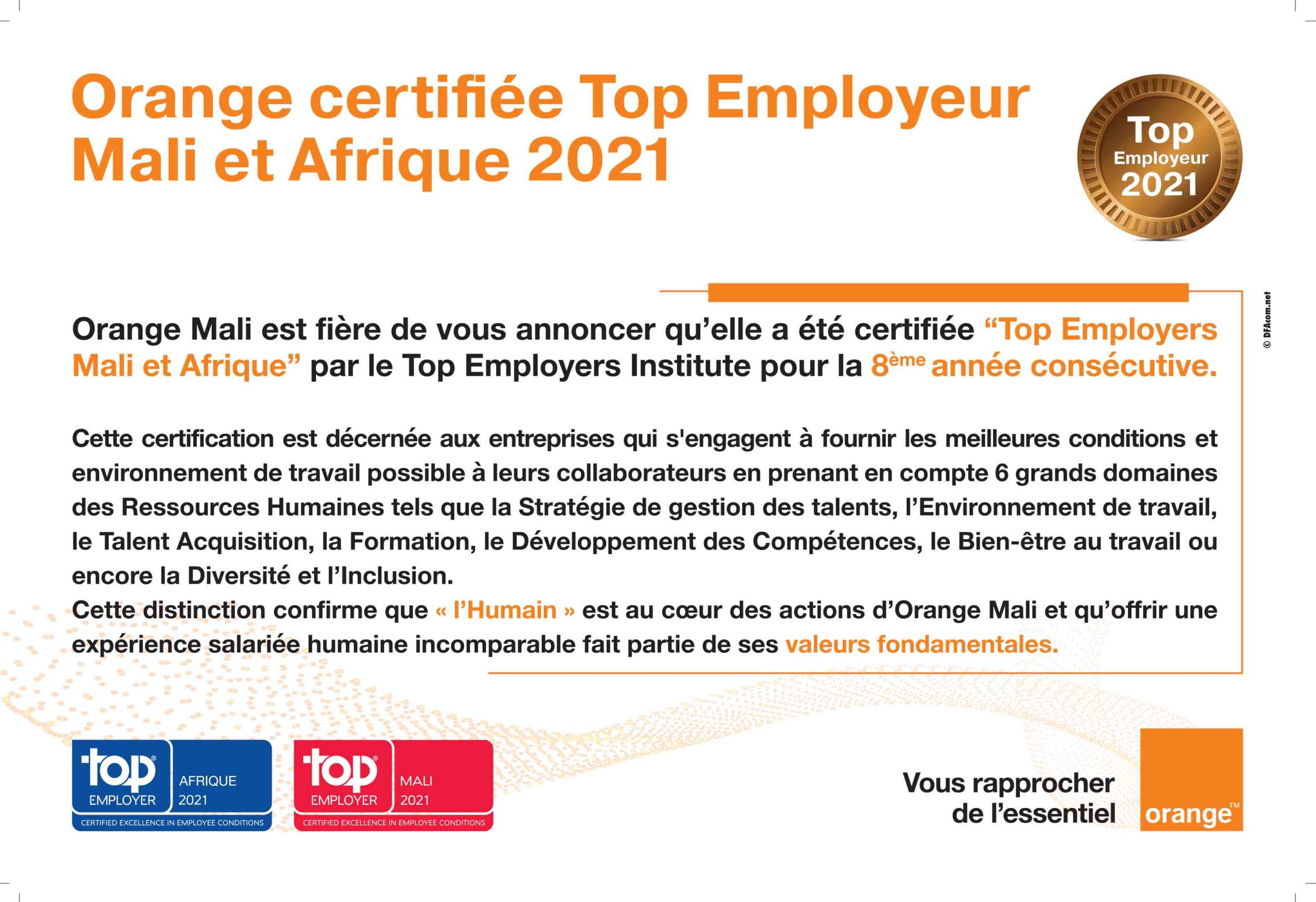 Orange certifiée Top Employer Mali et Afrique 2021