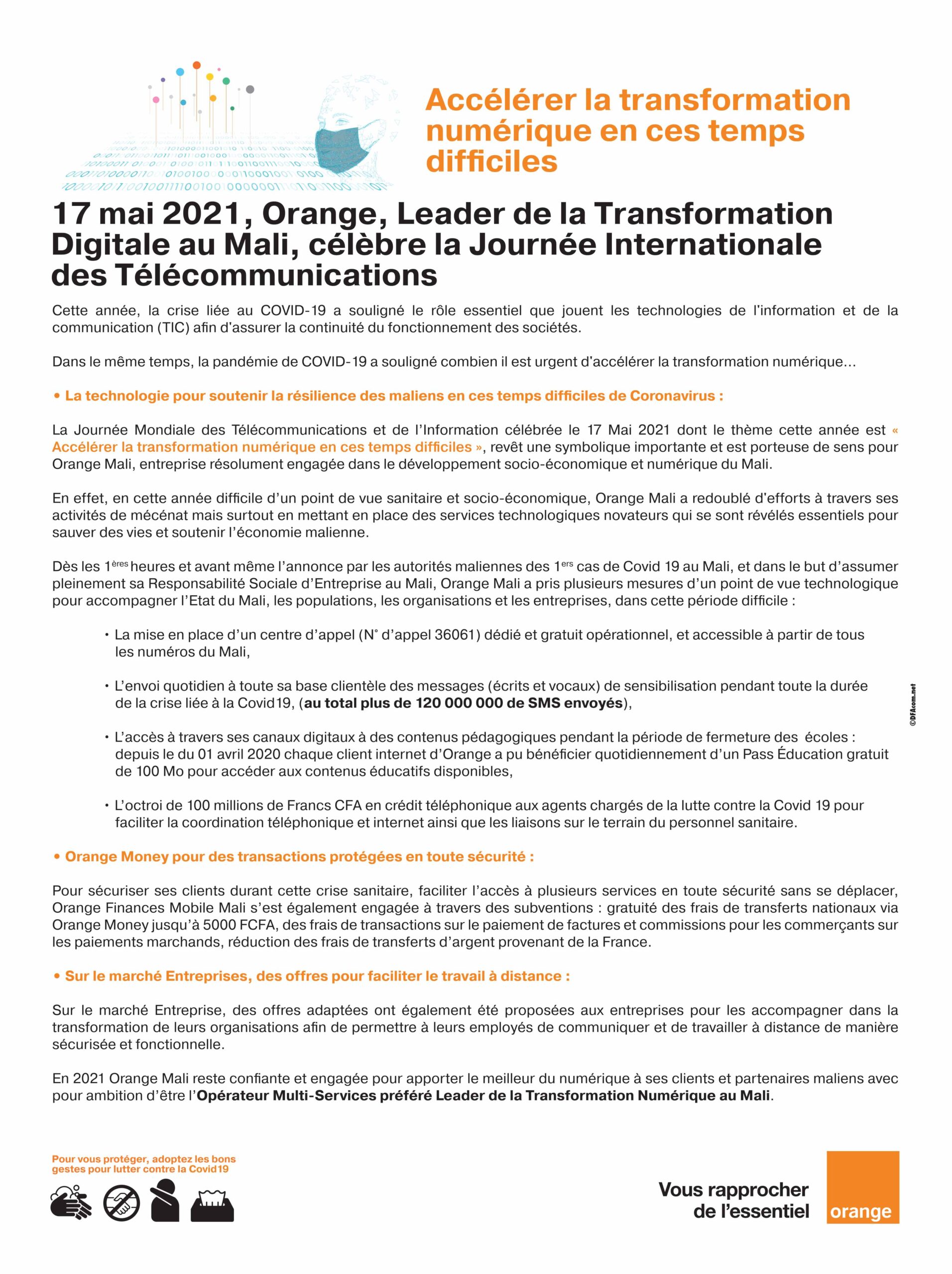 17 mai 2021, orange, Leader de la transformation digital au Mali, célèbre la Journée mondiale des Télécommunications