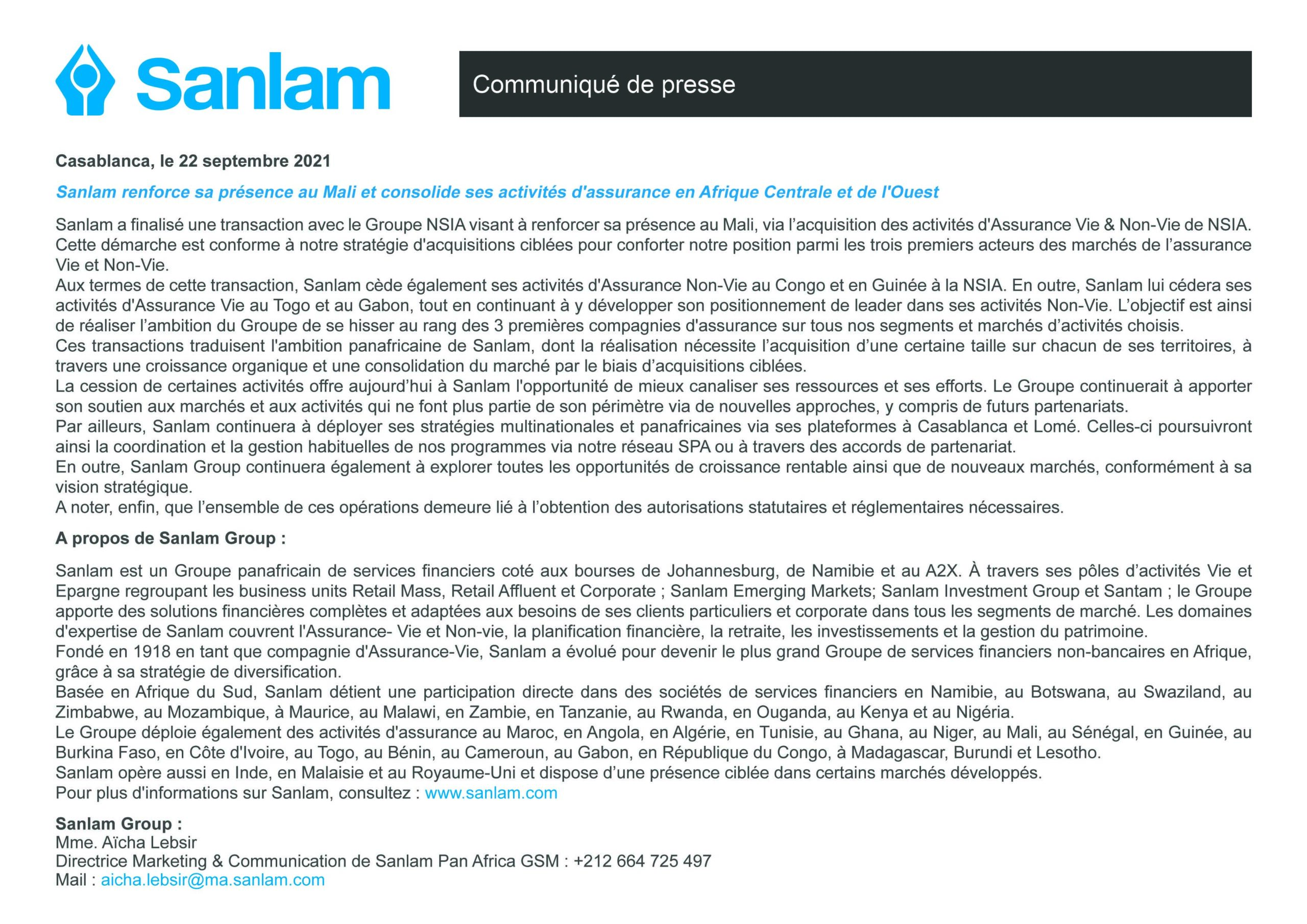 Communiqué de Presse: Sanlam renforce sa présence au Mali et consolide ses activités d'assurance en Afrique Centrale et de l'Ouest