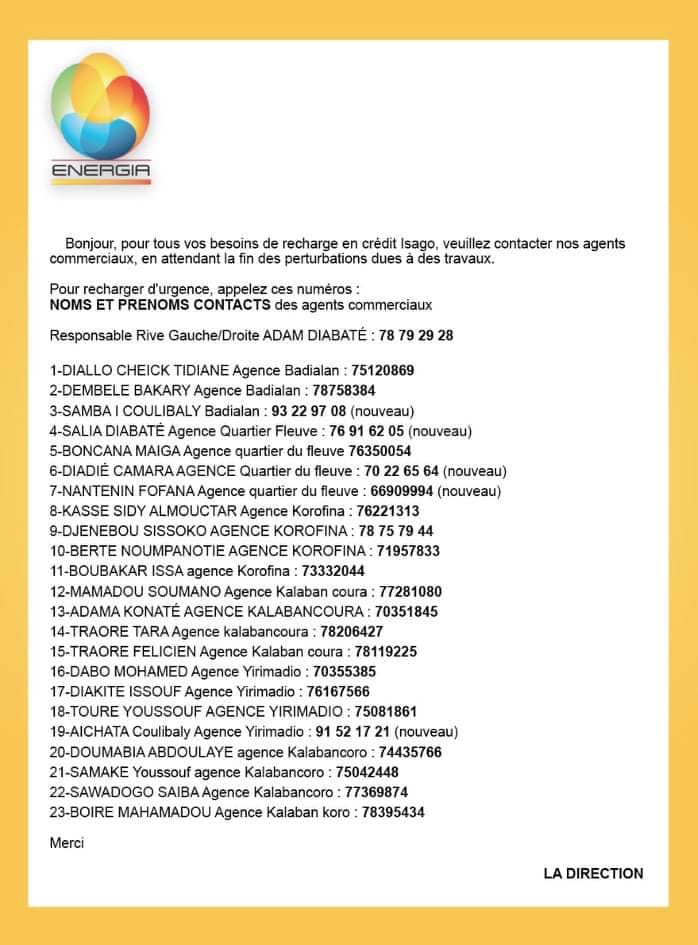 Communiqué de la direction de  l'ENERGIA pour vos besoins de recharge en crédit ISAGO