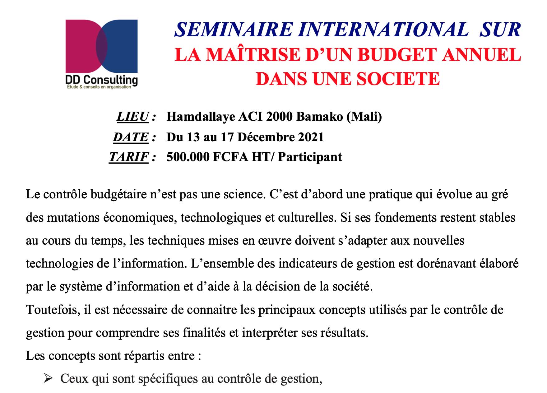 Séminaire international sur la maîtrise d’un budget annuel dans une société