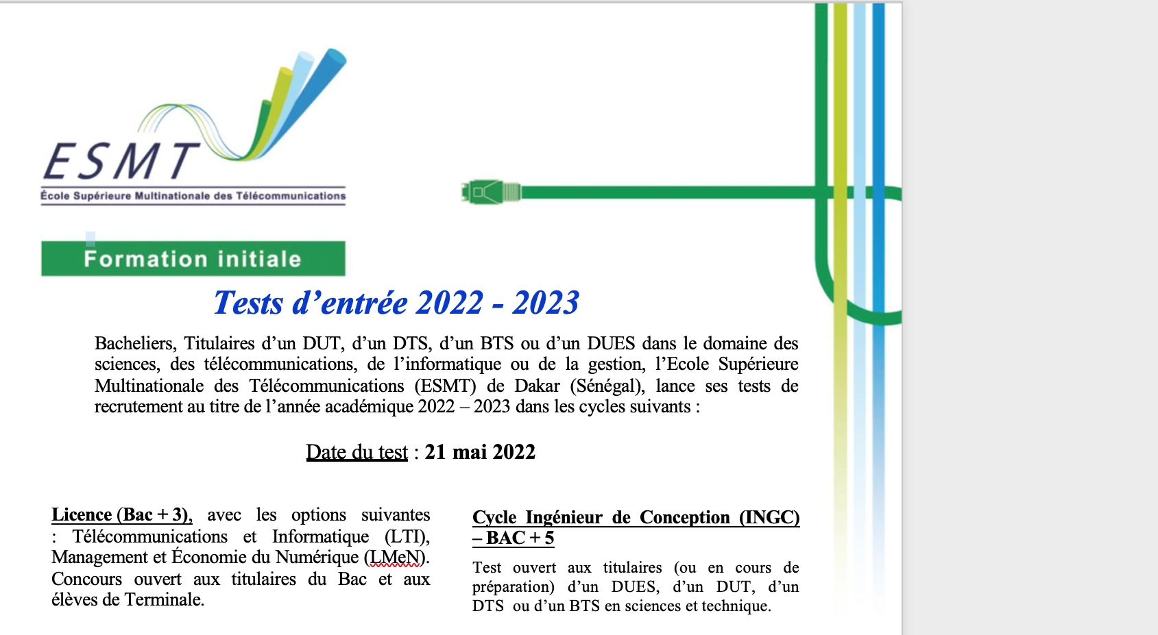 Avis au concours d'entrée à l'Ecole Supérieure Multinationale Des Télécommunications (ESMT)