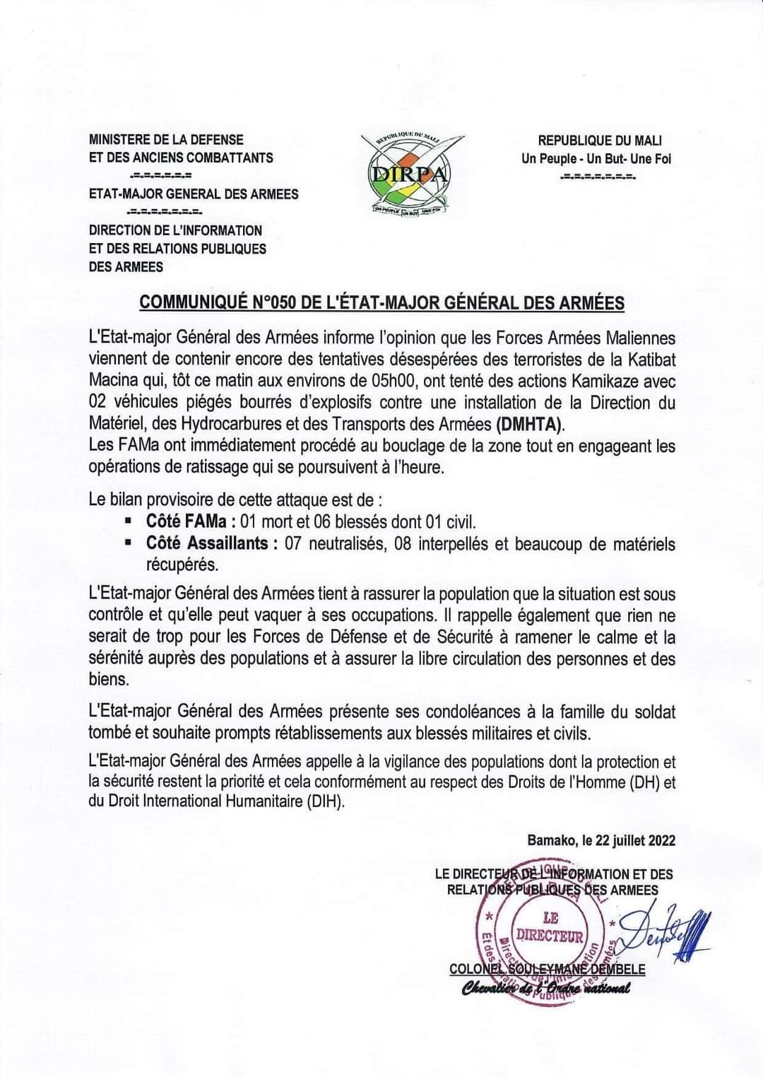 Attaque à Kati - Le bilan provisoire:  Coté FAMA 01 mort, 06 blessés, 07 assaillants neutralisés, 08 interpellations et des matériels récupérés