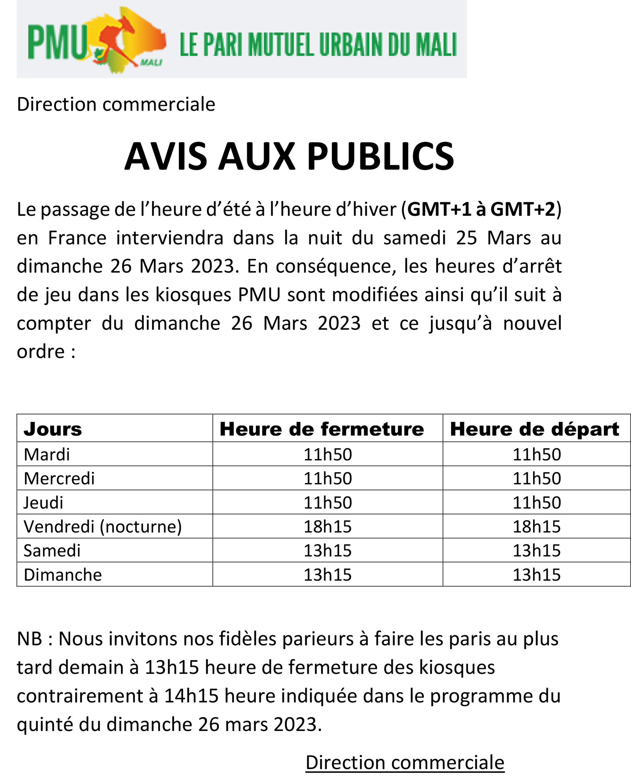 PMU: Le passage de l'heure d'hiver à l'heure d'été (communiqué)