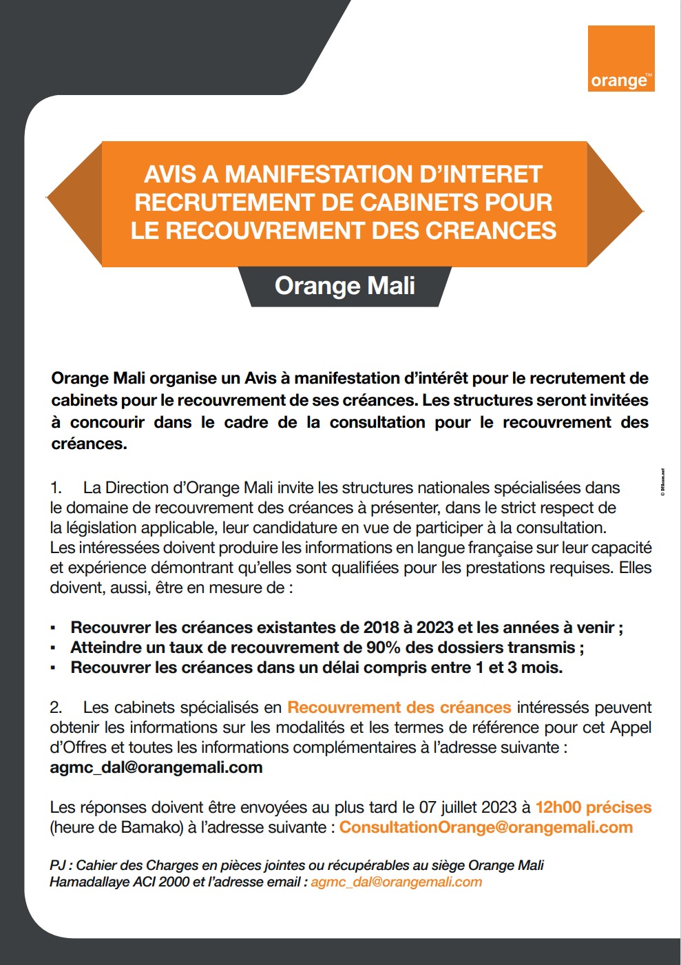 Orange Mali: Avis de manifestation d'intérêt, recrutement de cabinets pour le recouvrement des créances