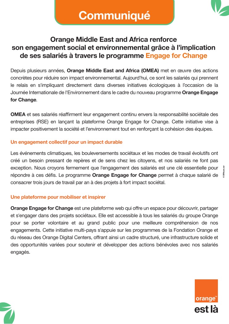 Communiqué: Orange Middle East and Africa renforce son engagement social et environnemental grâce à l’implication de ses salariés à travers le programme Engage for Change